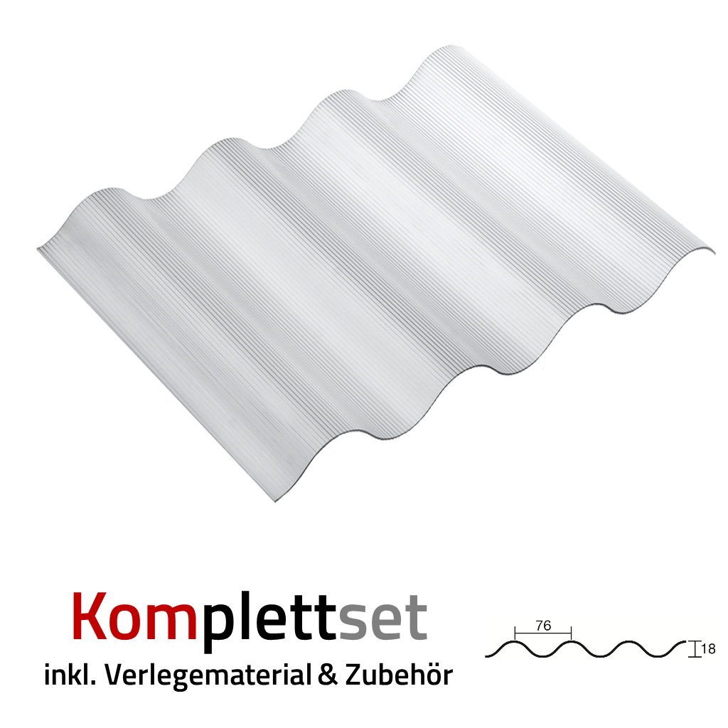 Komplettset Polycarbonat Sinus 76/18 1,3mm Rillenstruktur Farblos