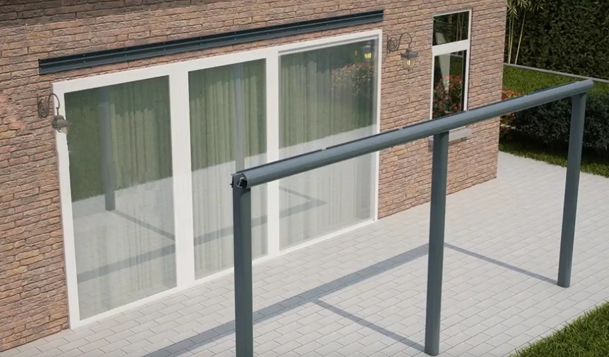 Alu-Unterkonstruktion für Terrassenüberdachung mit Pfosten, Querbalken und Wandanschluss